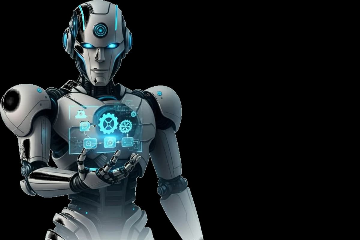 Robot trzymający wirtualny panel z ikonami trybików symbolizującymi automatyzację procesów